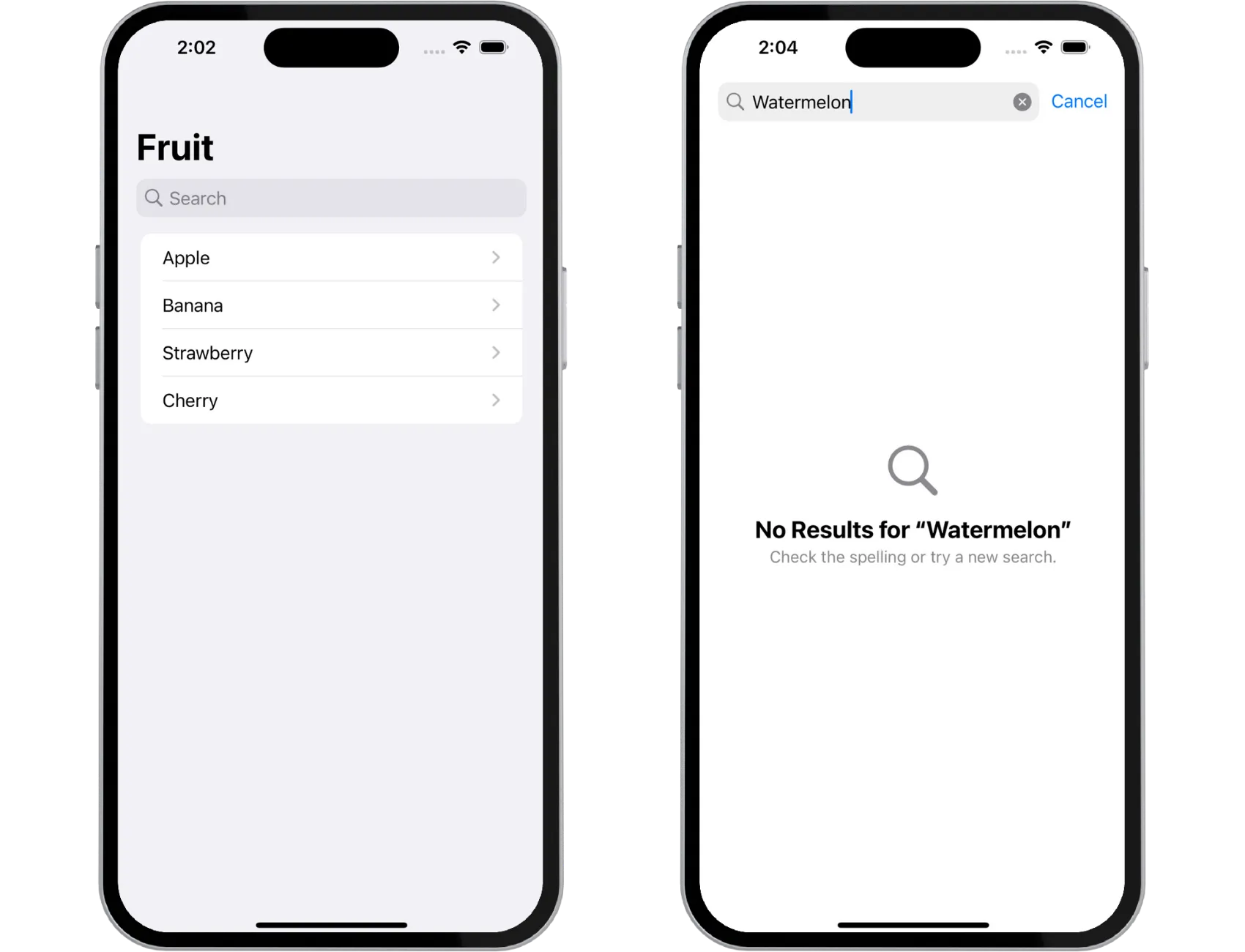List with data on the left and content unavailable view with a search instance on the right