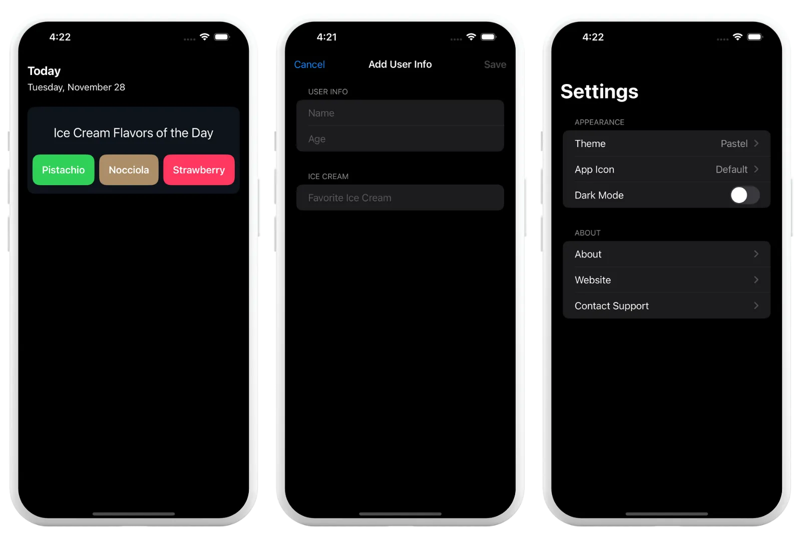 Three iPhone screens with a regular view, a form, and a list in default dark mode colors