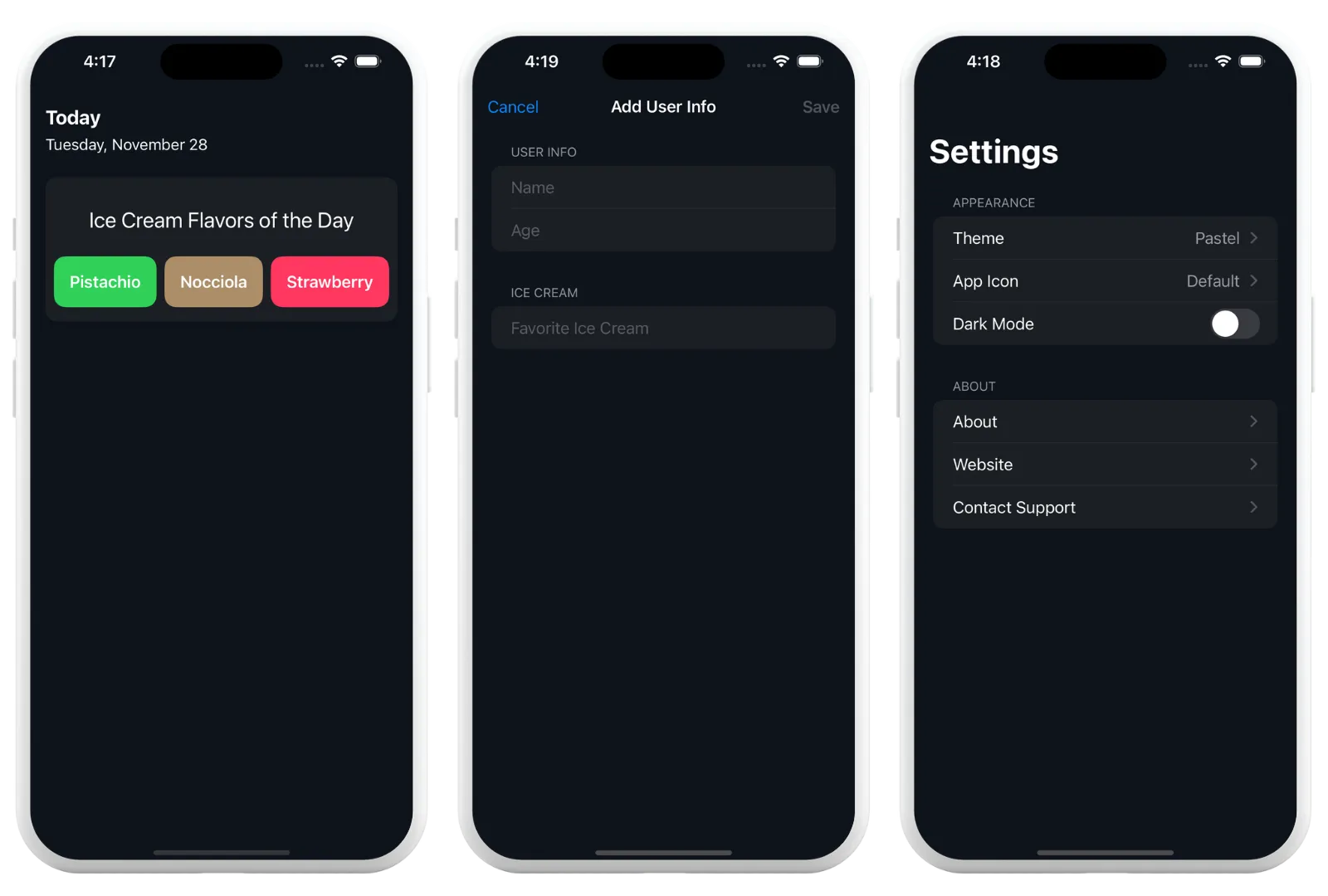 Three iPhone screens with a regular view, a form, and a list in custom dark mode colors
