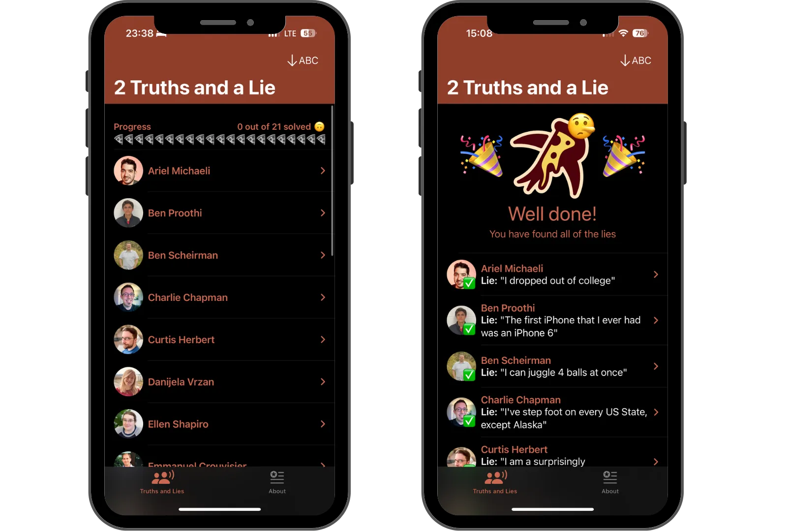 DeepDishLie app screenshot of the speaker initial list on the left and all lies guessed on the right DeepDishLie app screenshot of the speaker initial list on the left and all lies guessed on the right