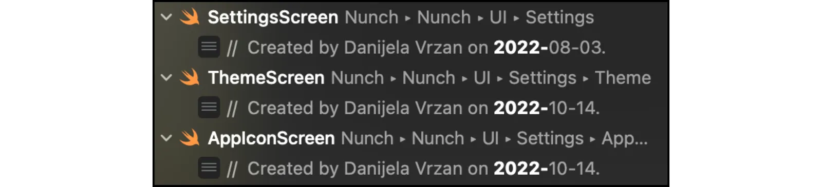 Screenshot from Xcode showing 3 files created in 2022