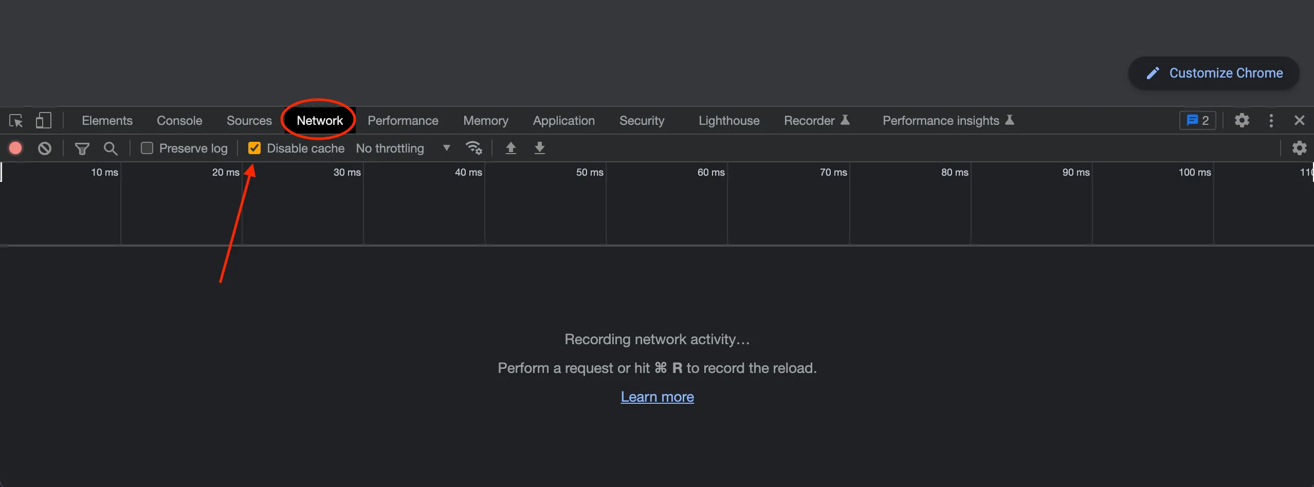 Network tab in Developer Tools with cache disabled