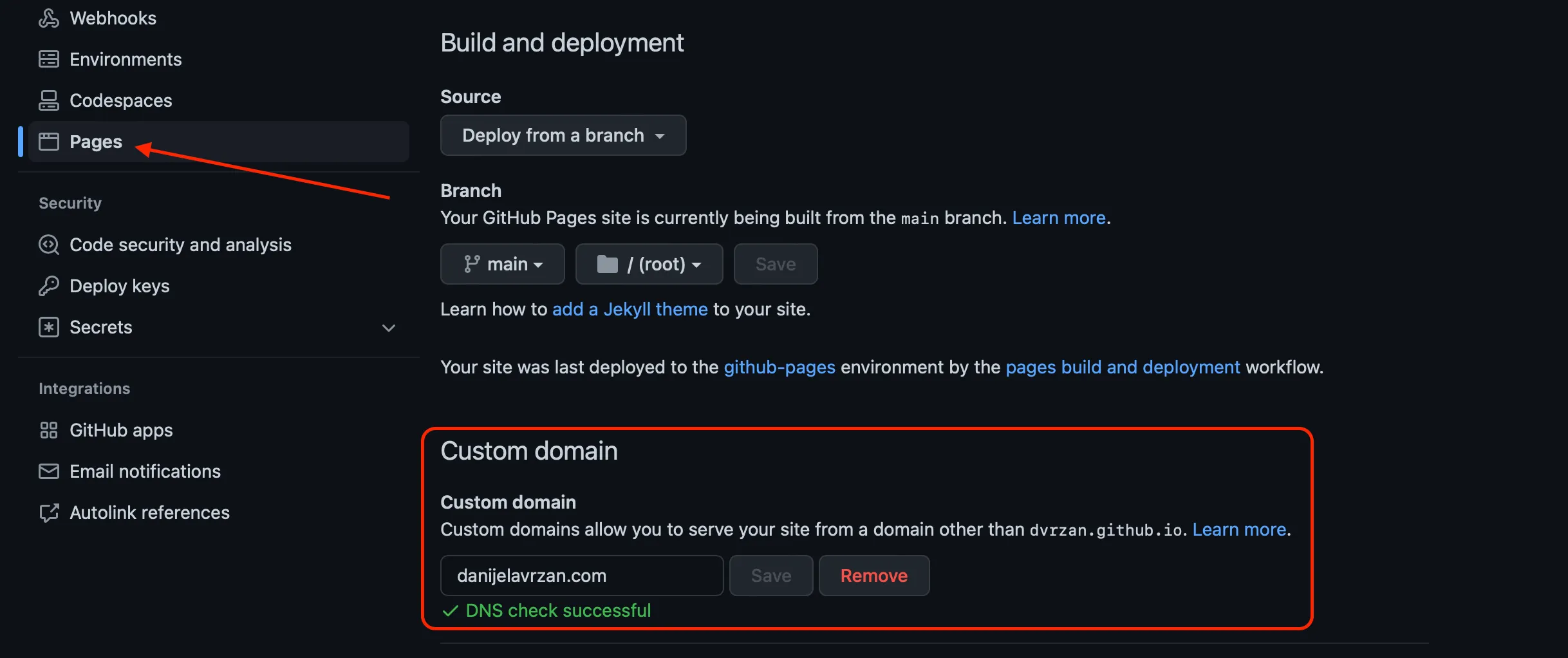 GitHub Pages settings section and Custom domain setup