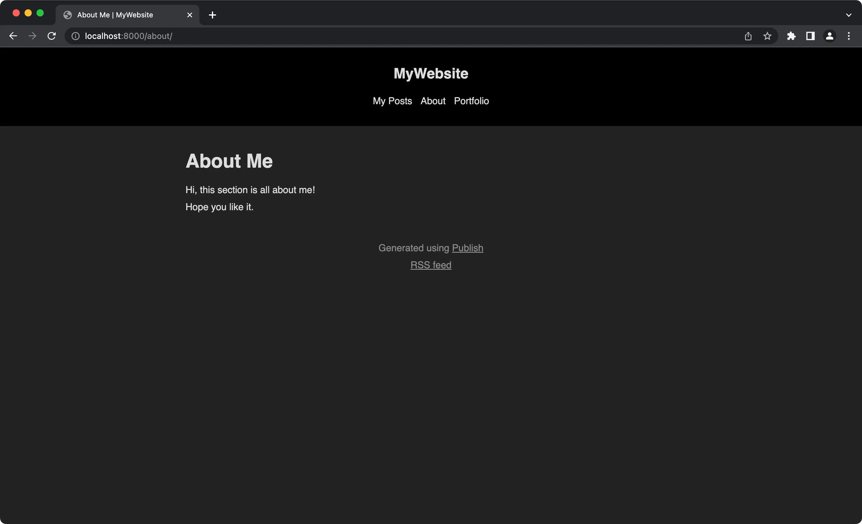 About webpage showing the section&#x27;s content and three navigation menu items: My Posts, About and Portfolio