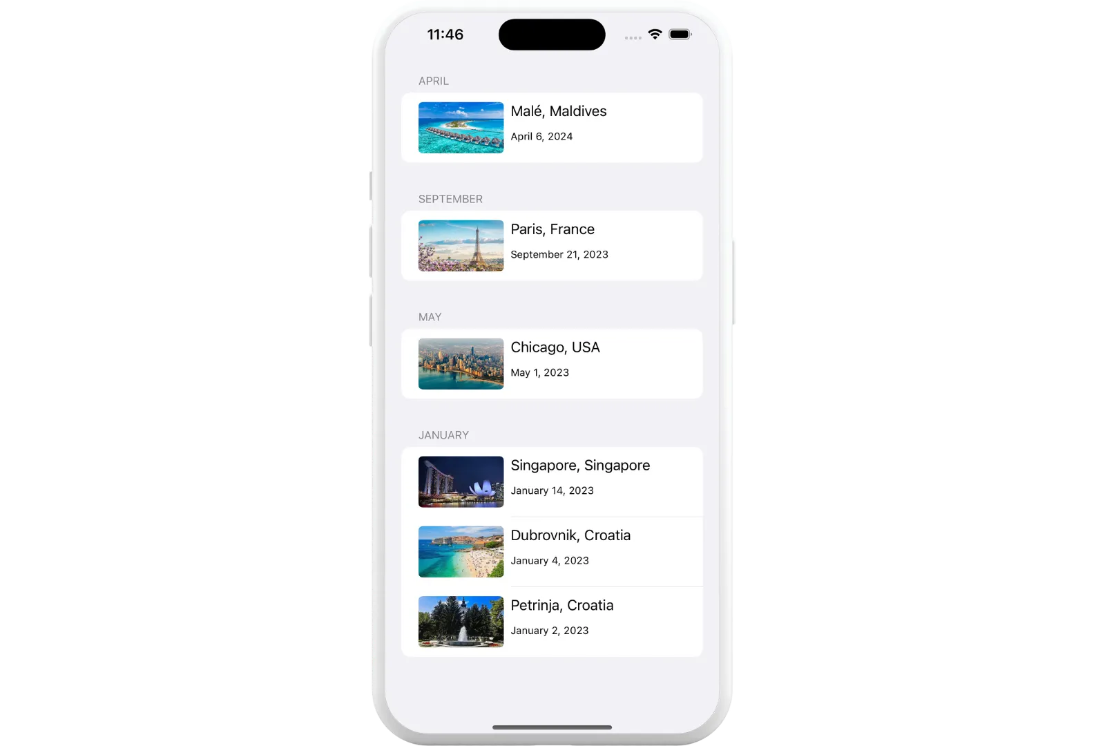 iPhone app with a screen showing a list of travel data grouped by month