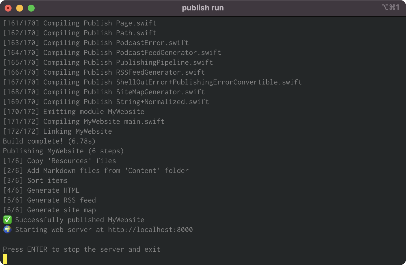 Command line output of running publish run