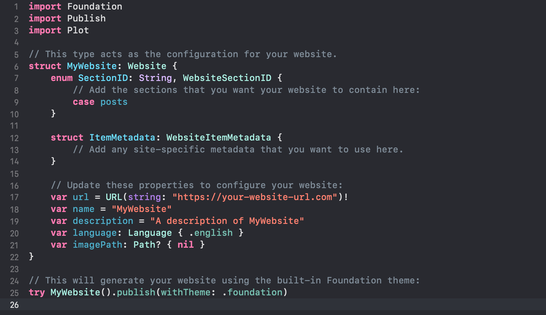 main.swift file showing the pre-defined configuration for the website