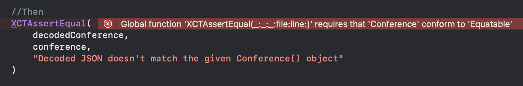 When asserting two values are equal, add Equatable conformance