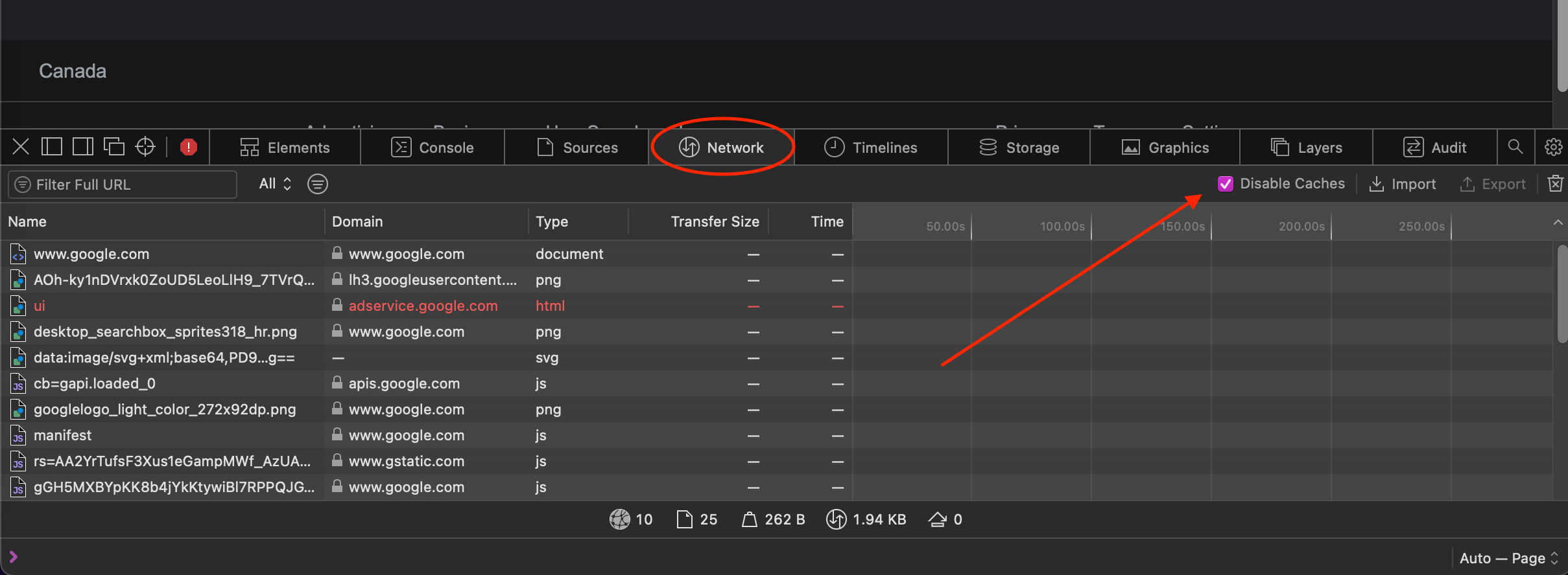 Network tab in Web Inspector with cache disabled in Safari