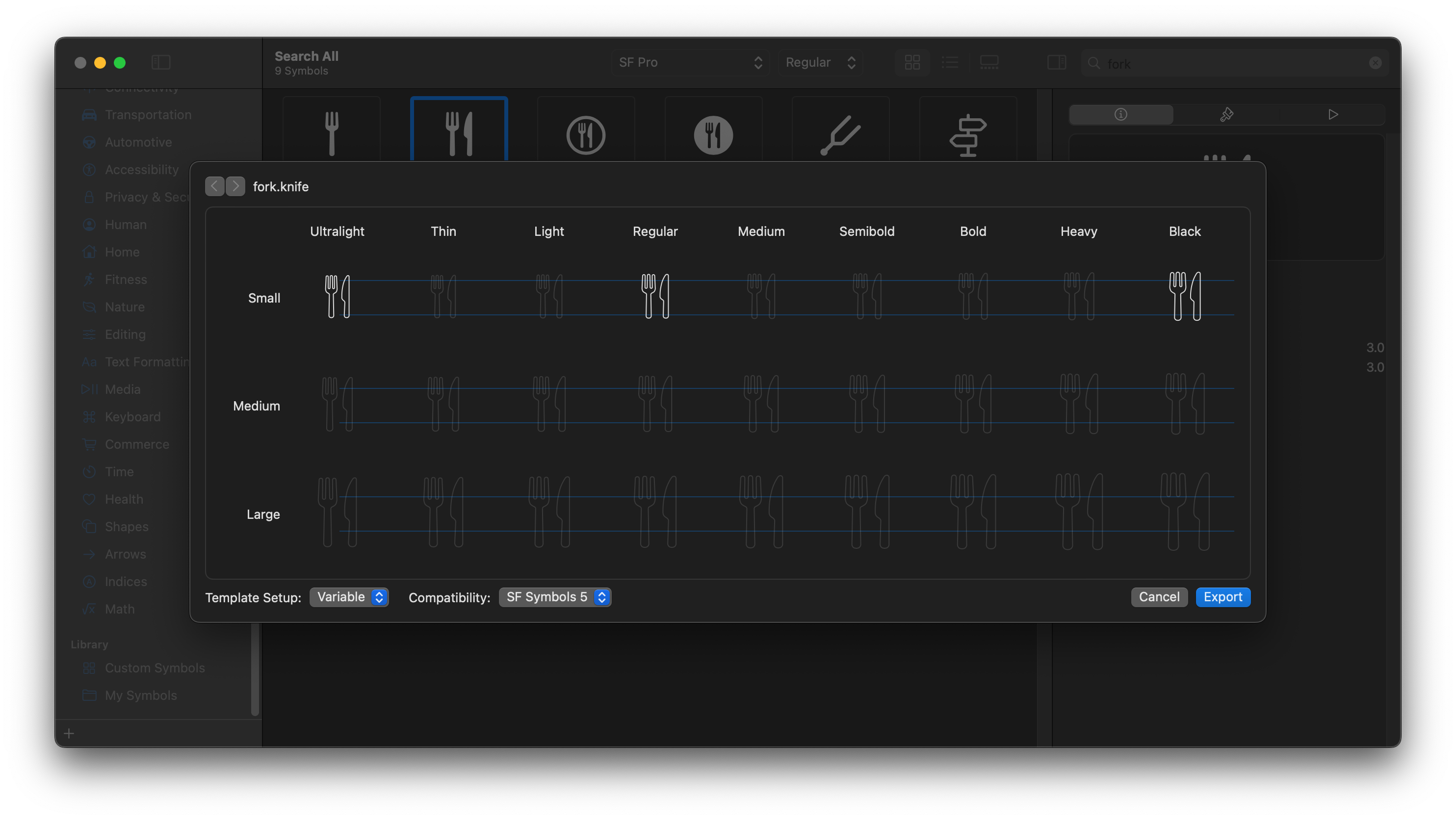 SF Symbols app window when exporting a template