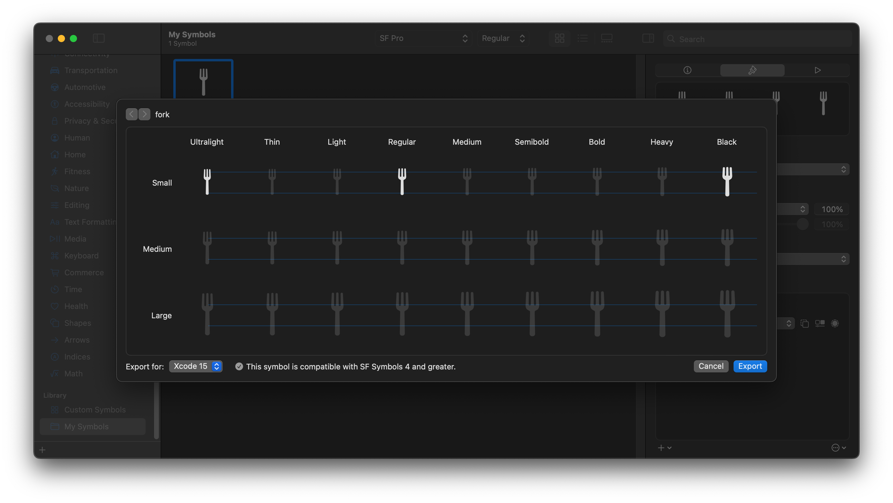 SF Symbols app window when exporting a symbol