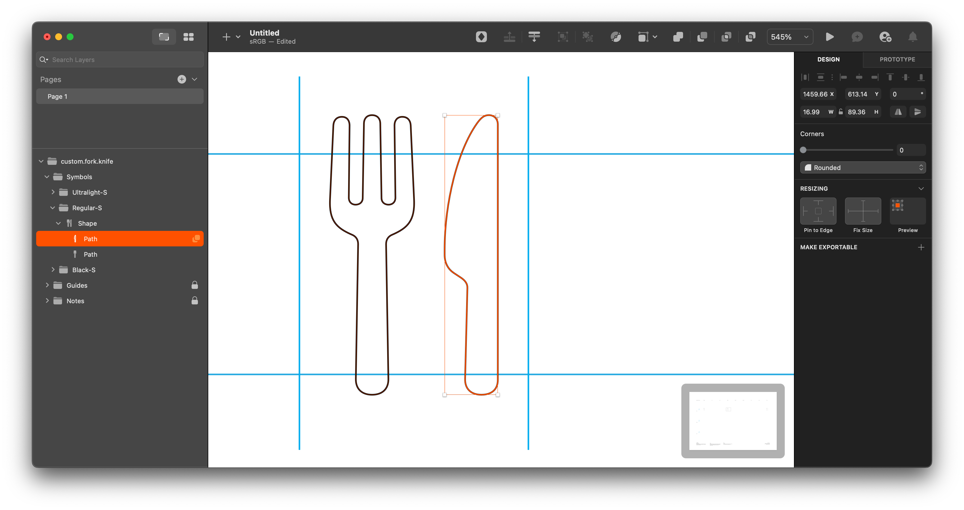 Selected knife object in Sketch